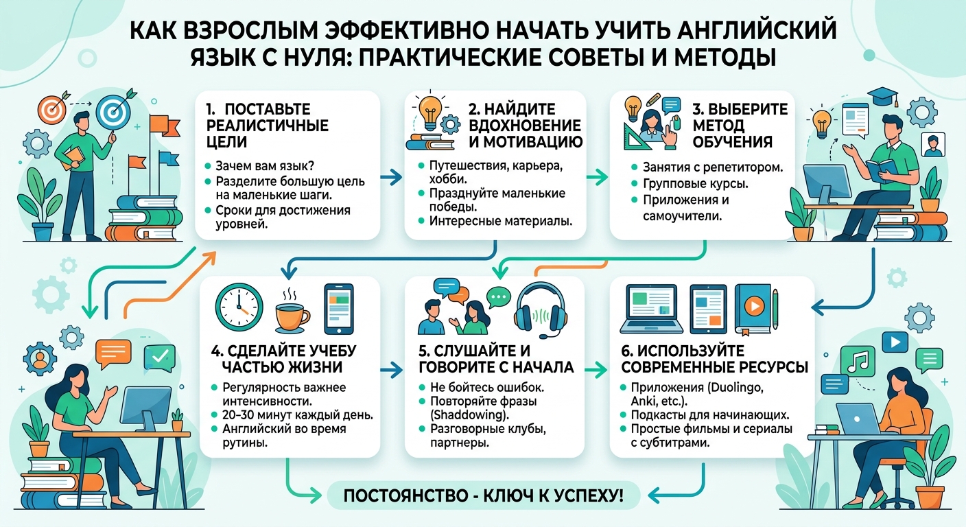Как взрослым эффективно начать учить английский язык с нуля: практические советы и методы